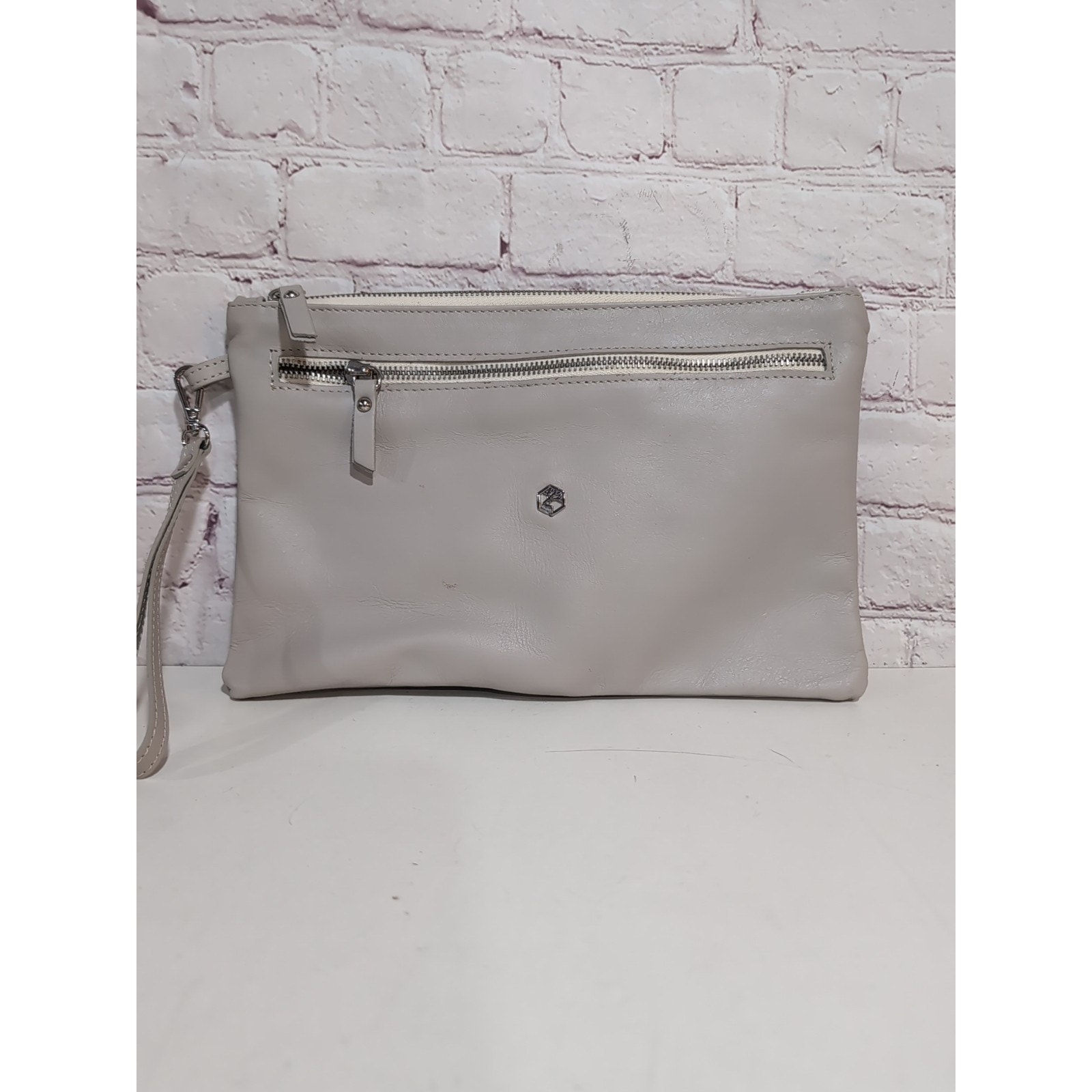 Valentina Taupe Smooth Leather Wristlet Purse Bag Italy Travel Pouch